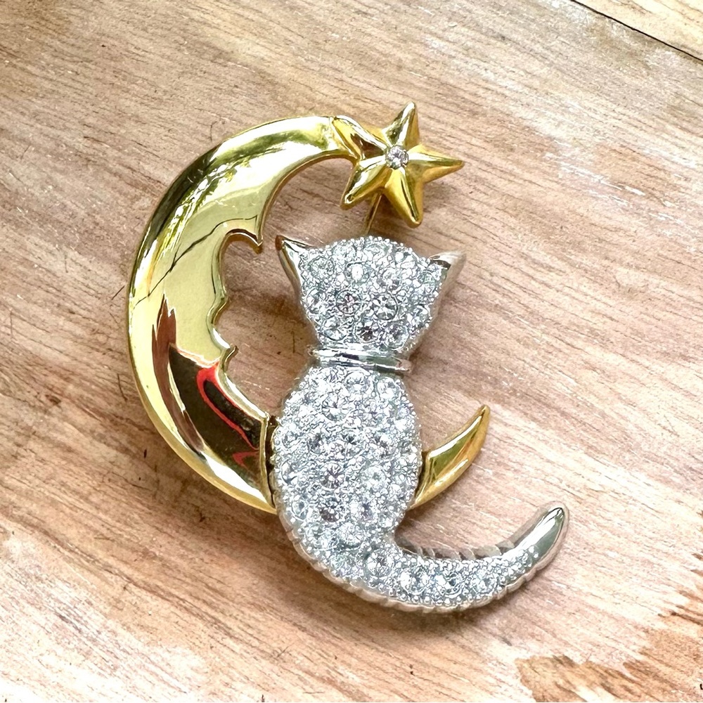 Jennifer Moore Two Tone Gold and Silver Cat Moon Pave Rhinestone Pin Brooch